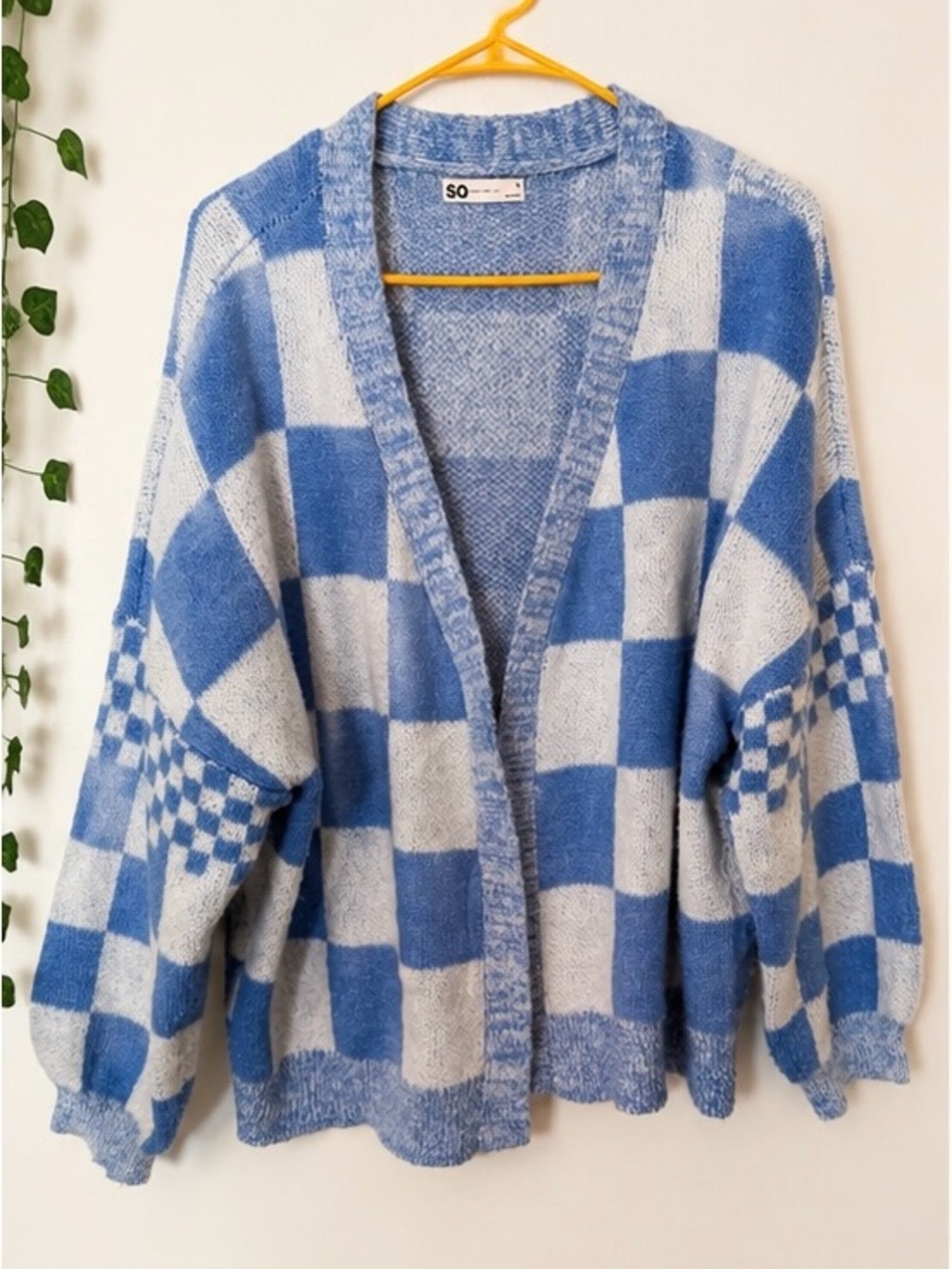 SO Blue White Checkered Cardigan Sweater Medium Oversized Open Front Cozy Knit
